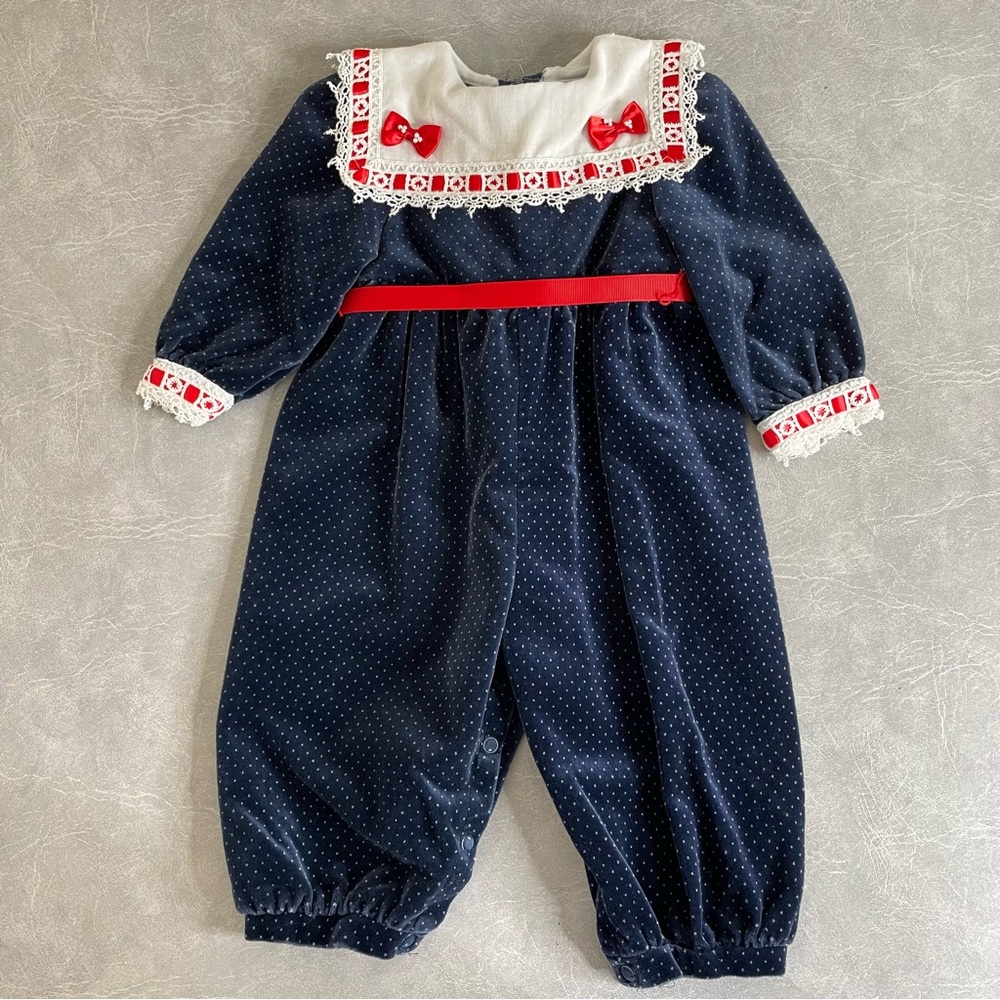 Vintage Navy and Red Baby One Piece Velvet Holiday Outfit